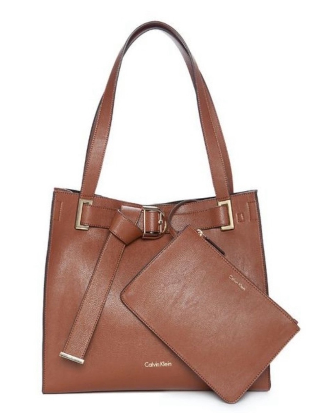 Calvin Klein Brown Leather Shoulder Tote with Gold Hardware